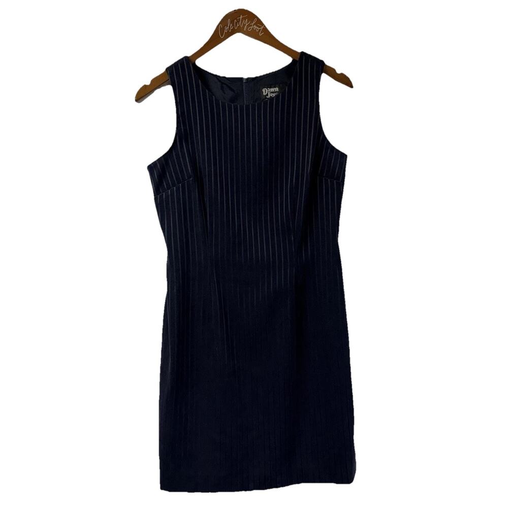 Dawn Joy Fashions Navy Blue Sheath Dress Pinstripe Felt Vintage Sleeveless 7/8